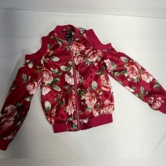 Pink Floral Cold Shoulder Full Zip Jacket Size 10-12 - Picture 2 of 8